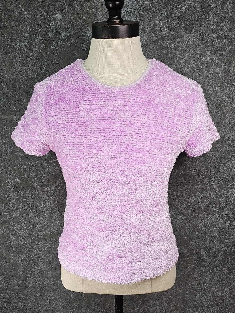 Vtg Y2K BONKERS Clothing Co Fuzzy Top, Short Sleeve, Lavender, Size Small
